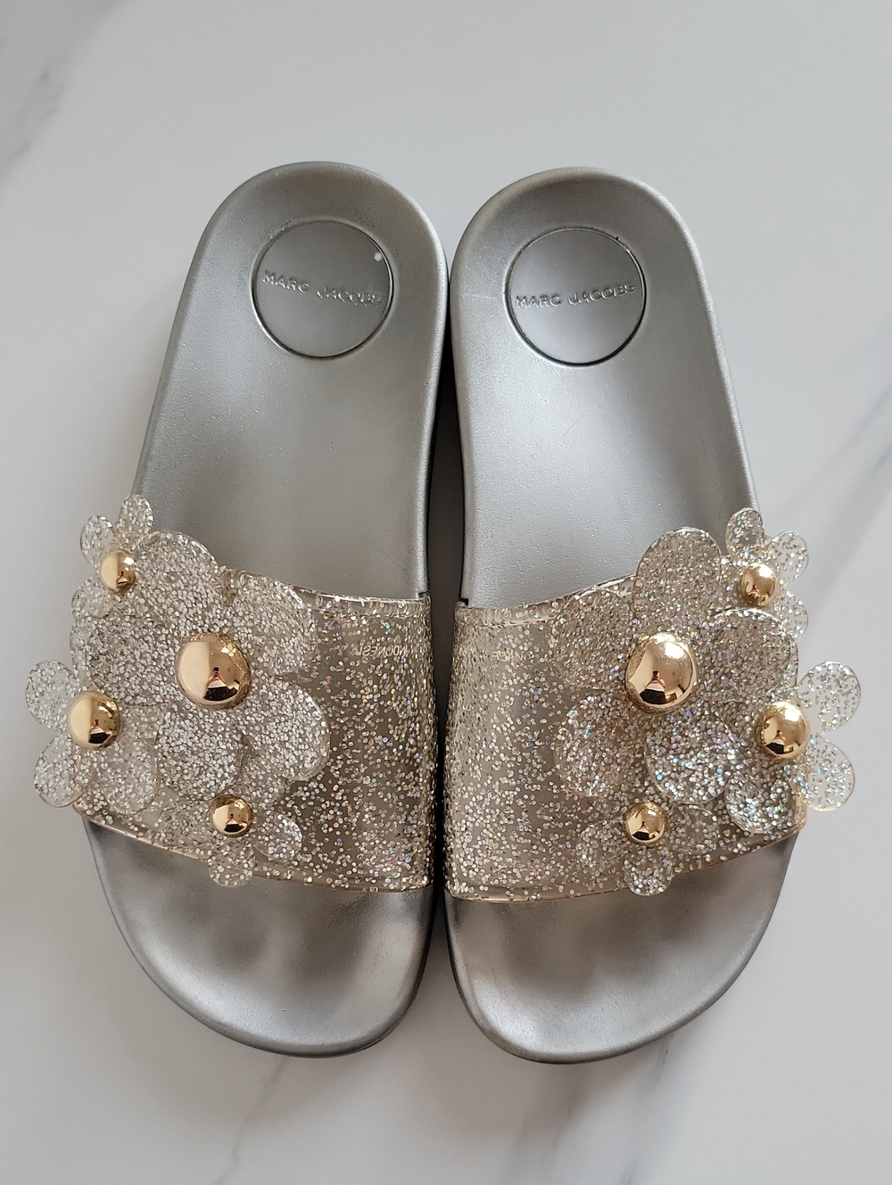 Marc Jacobs Daisy Aqua Silver Glitter Flower Slide Sandals with Gold Studs